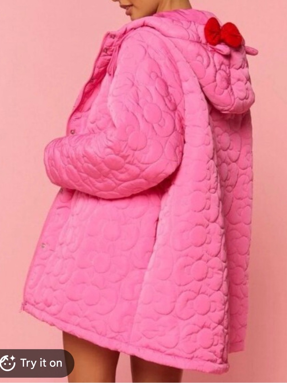 Hello Kitty Forever 21 Pink Puffer Red Bow Hood Embroidered Oversized Jacket S
